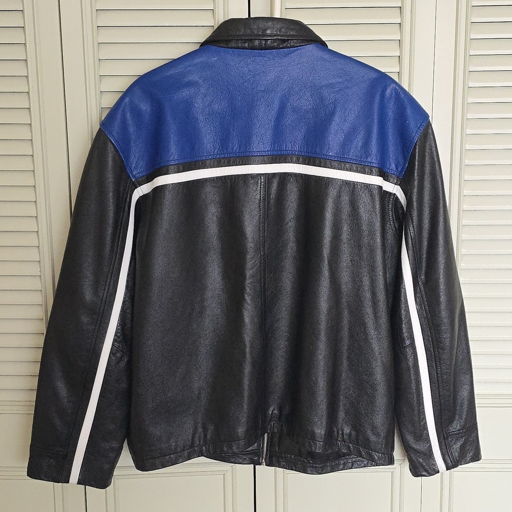 Vintage Buell American Motorcycles Leather Jacket Mens Large Black Blue Racing - Picture 2 of 14